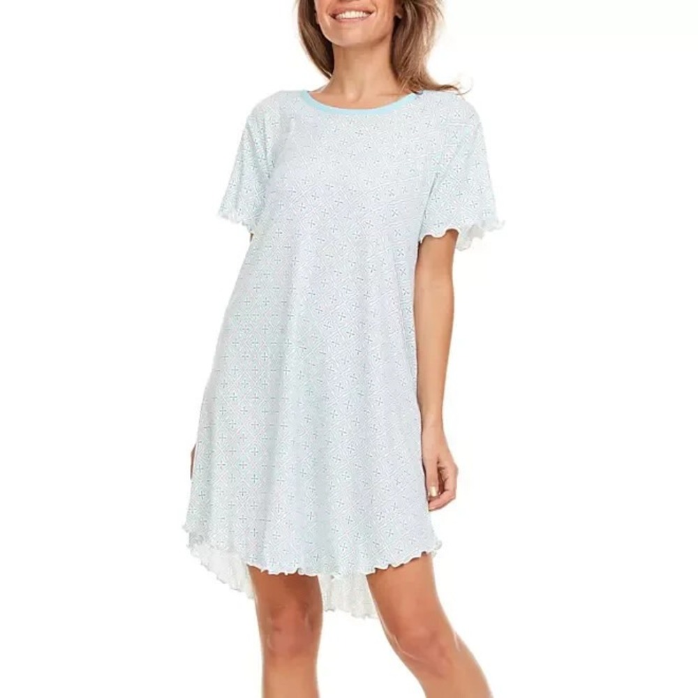 Flora Nikrooz Mariel Sleep Dress Blue White Geometric Lettuce Edge Small